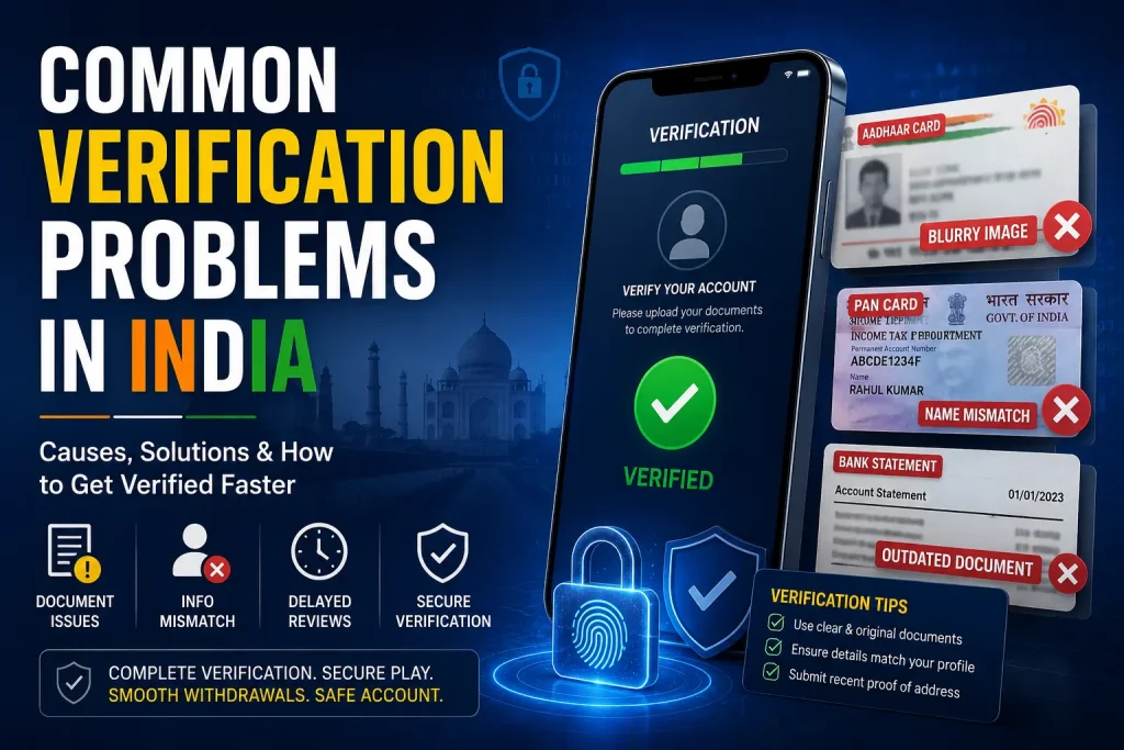 Dark themed infographic illustrating common verification problems in India for MAHA Games, showing issues like blurry documents, name mismatches, outdated bank statements, and verification delays alongside a mobile verification screen and security icons.