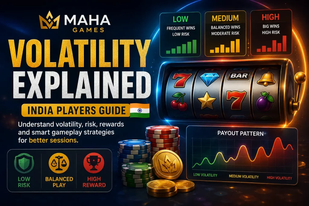 Dark themed MAHA Games promotional infographic explaining game volatility for India players, featuring slot machine reels, low medium and high volatility indicators, payout pattern graph, and casino chips highlighting risk and reward levels.