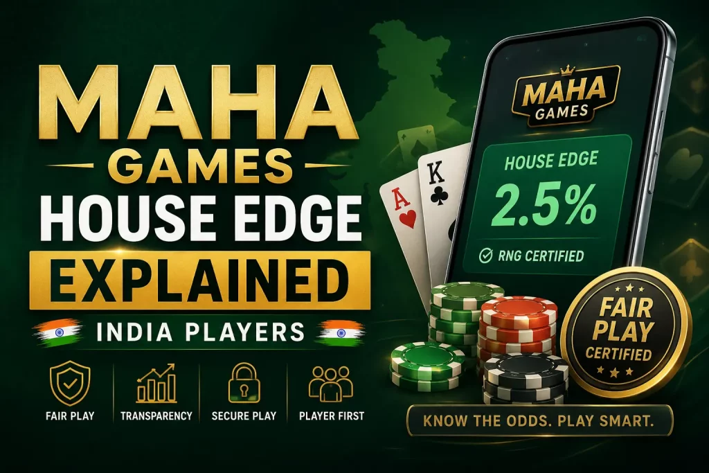 MAHA Games House Edge Explained for India Players banner featuring a mobile screen with 2.5% house edge, playing cards, poker chips, and fair play, transparency, and secure gaming icons.