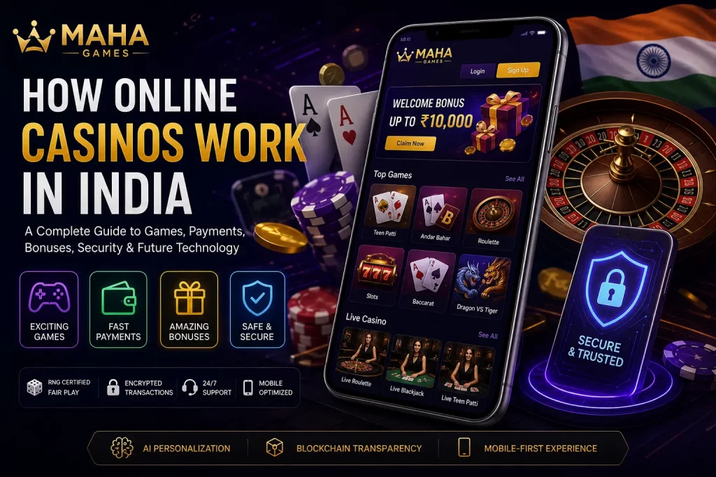 Promotional banner for MAHA Games showing how online casinos work in India, featuring a mobile gaming interface with casino games, bonuses, payments, security features, and a dark neon-themed design with chips, cards, roulette wheel, and Indian flag elements.