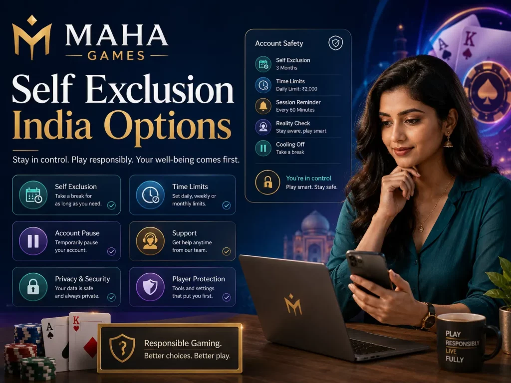 MAHA Games Self Exclusion India Options banner with an Indian woman using account safety tools, responsible gaming icons, time limits, support, and privacy protection.