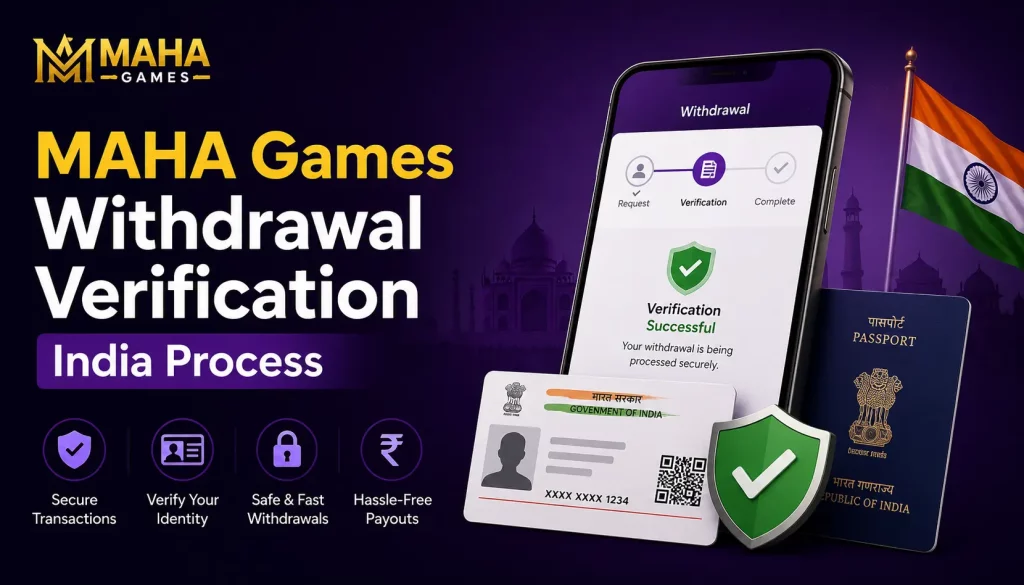 A landscape banner promoting the MAHA Games withdrawal verification process in India. On the left, large text reads “MAHA Games Withdrawal Verification India Process” against a dark purple background. On the right, a smartphone displays a successful withdrawal verification screen with a security shield icon. An Indian Aadhaar-style ID card, an Indian passport, a green verification shield, and the Indian national flag are shown in the foreground. The design emphasizes secure identity verification, safe transactions, and fast withdrawals, with subtle Indian landmark silhouettes in the background.
