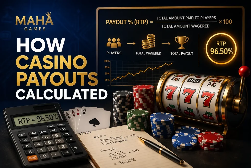 MAHA Games infographic explaining how casino payouts are calculated, featuring a slot machine, poker chips, playing cards, RTP formula, payout percentage chart, and calculator displaying RTP 96.50% in a premium blue and gold casino-themed design.