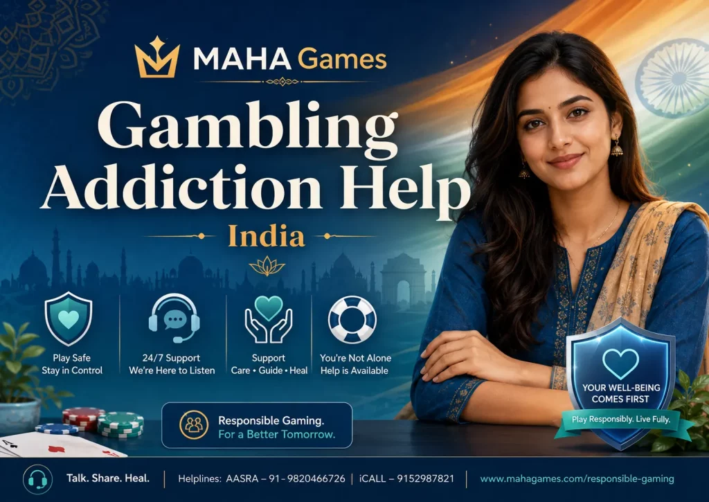 MAHA Games Gambling Addiction Help India banner with responsible gaming support icons, Indian-inspired background, safety shield, casino chips, and a calm support-focused woman.