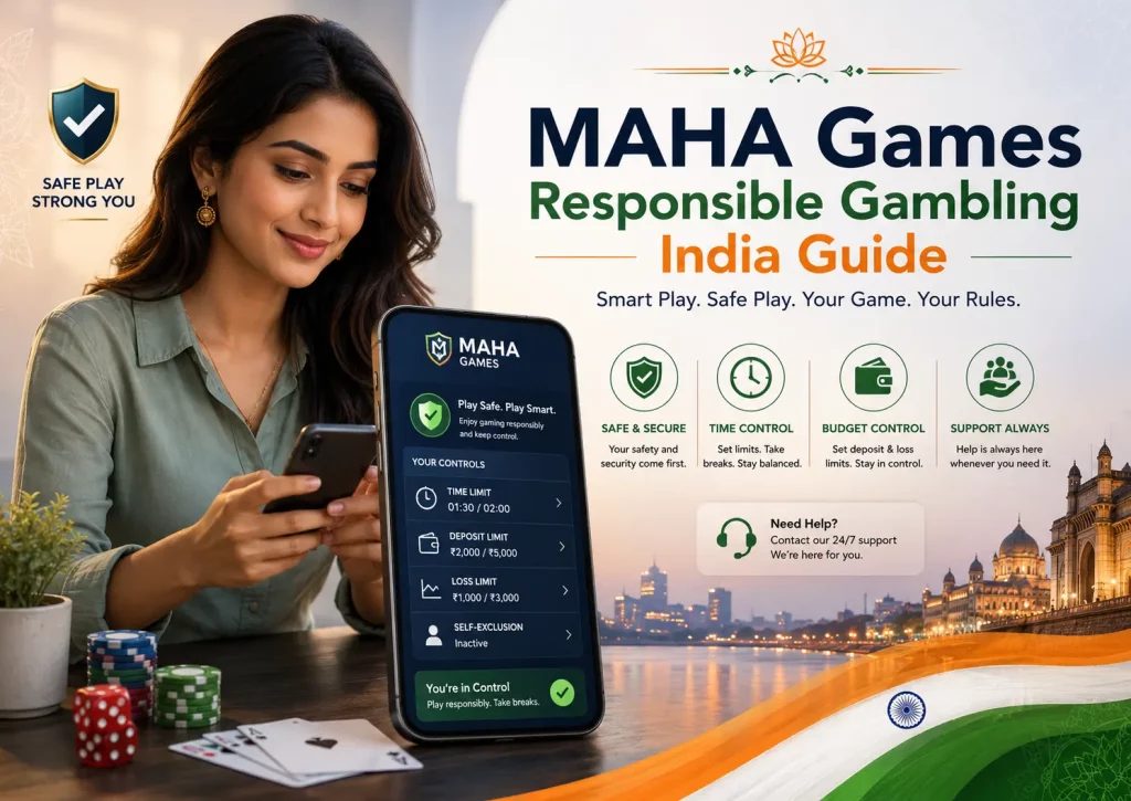 MAHA Games Responsible Gambling India Guide banner with safe play icons, budget and time controls, a mobile app screen, casino chips, and Indian-inspired design elements.