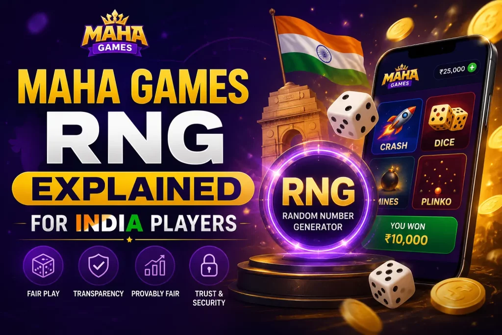 MAHA Games RNG Explained for India Players with provably fair gaming, dice, coins, and mobile casino interface.