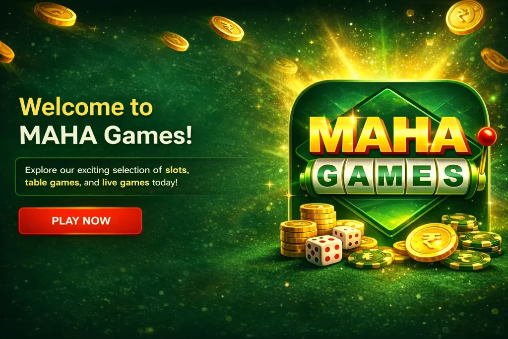 MAHA Games promotional banner with a green casino-themed background, gold coins, chips, dice, a slot-style logo, and a red Play Now button.